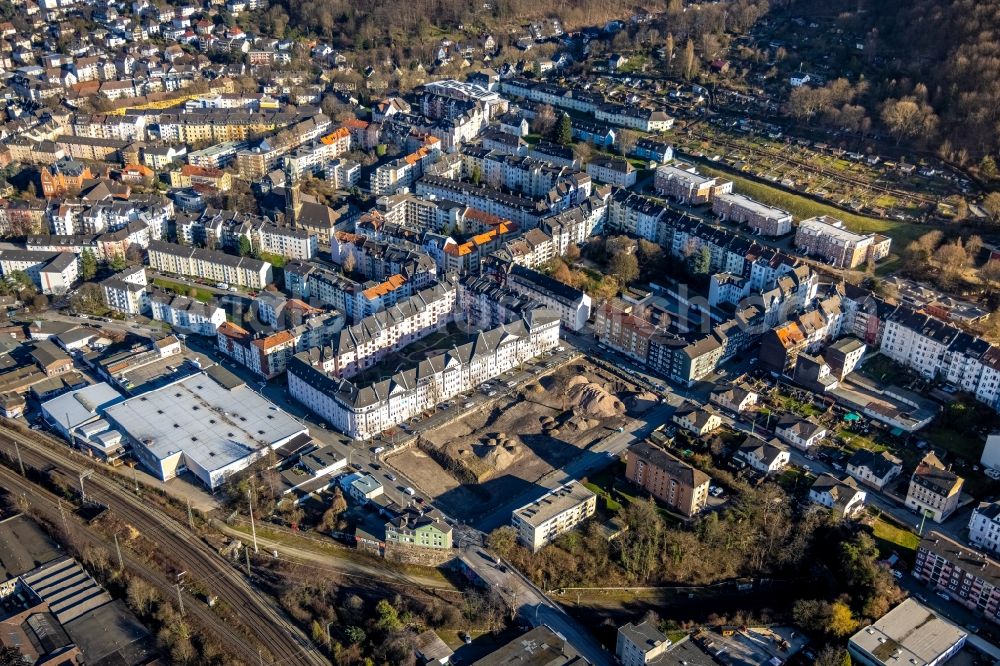 Aerial photograph Hagen - Demolition and dismantling of the apartment building Block 1 for the new building of a daycare center between Ewaldstrasse - Minervastrasse - Lange Strasse - Gustavstrasse in Hagen at Ruhrgebiet in the state North Rhine-Westphalia, Germany