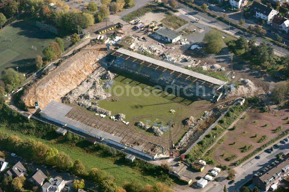 Aerial photograph Aachen - Demolition area and dismantling of the old Aachen Tivoli Stadium on street Alemannenstrasse in Aachen in the state North Rhine-Westphalia, Germany