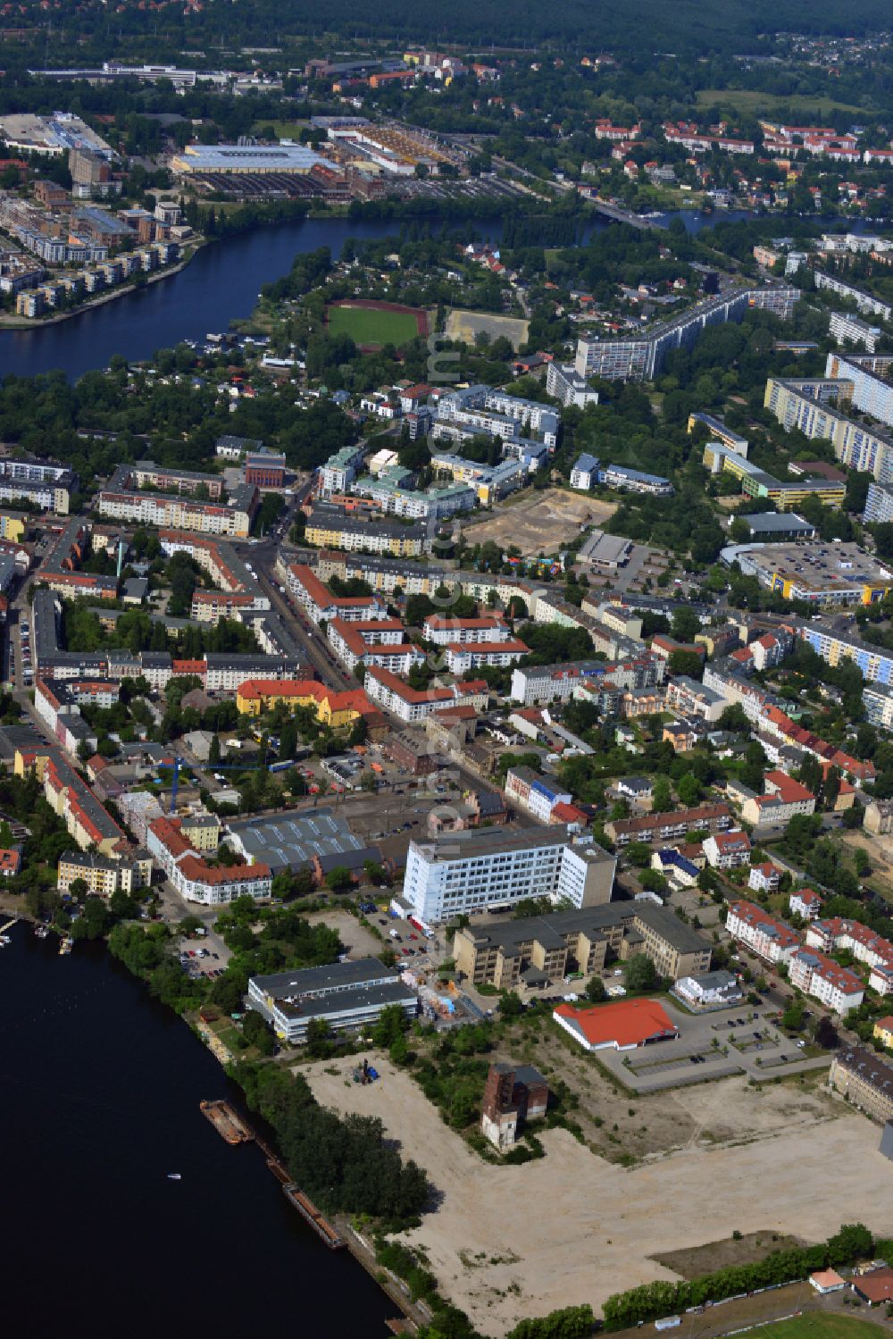 Berlin from above - Demolition site of the former GDR- Funkwerk Koepenick district on the banks of the Dahme in the district Koepenick in Berlin