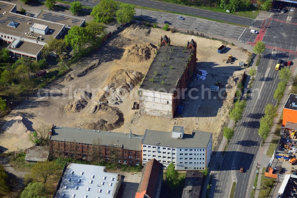 Aerial photograph Berlin, Adlershof - Demolition site of the ruins of the factory building of the former BaerenSiegel distillery on Adlergestell in Adlershof, Berlin. At the construction site of the distinctive production building GDR times development a shopping center