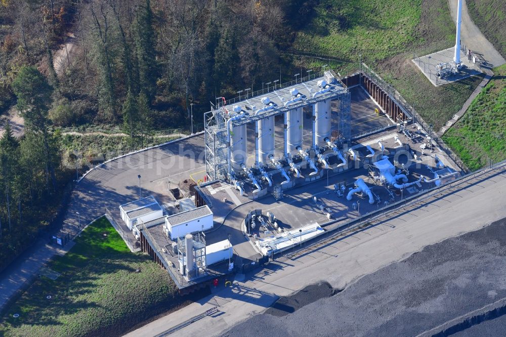 Schwörstadt from above - Site of heaped landfill Lachengraben with construction works of the absorber towers for the TENP gaspipeline in Schwoerstadt in the state Baden-Wurttemberg