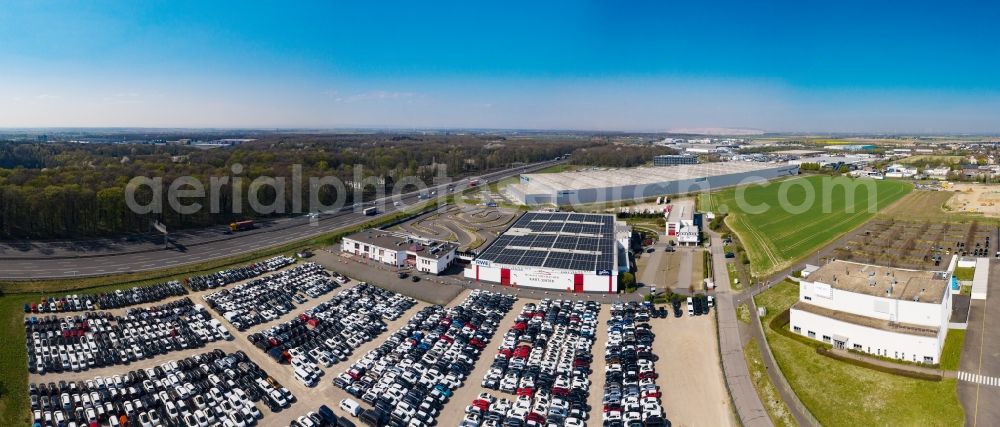 Aerial photograph Kerpen - Outdoor storage space for new cars - automobiles - cars on Michael Schumacher Kart-Center in the district Sindorf in Kerpen in the state North Rhine-Westphalia, Germany