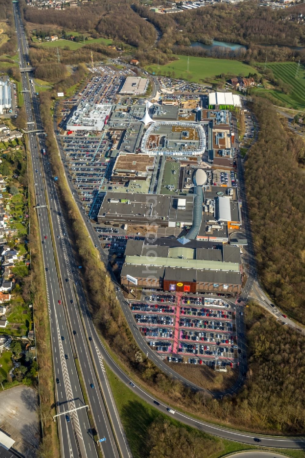 Aerial image Bochum - Parking space for parked cars at the shopping center Ruhr Park in Bochum in the state North Rhine-Westphalia, Germany