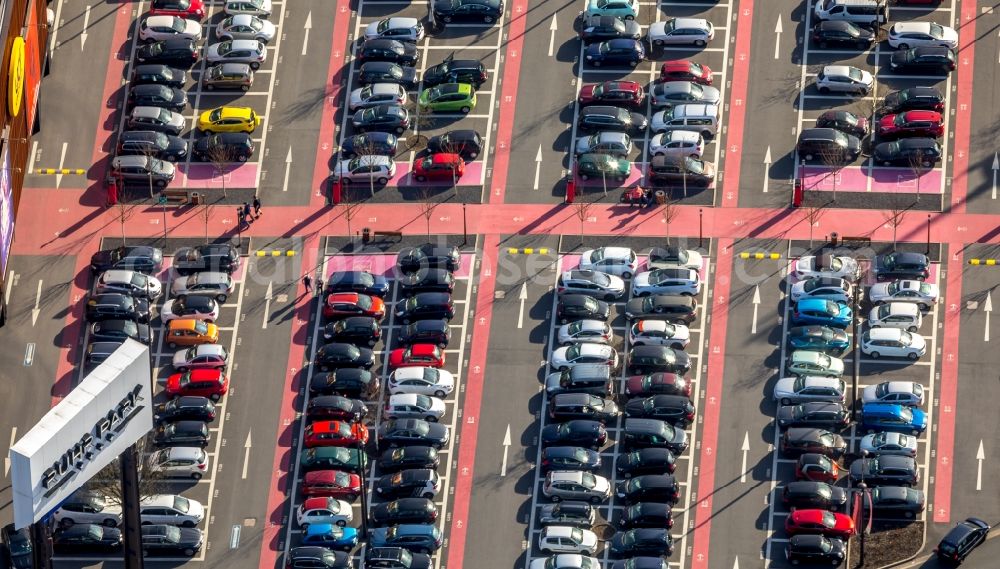 Bochum from the bird's eye view: Parking space for parked cars at the shopping center Ruhr Park in Bochum in the state North Rhine-Westphalia, Germany