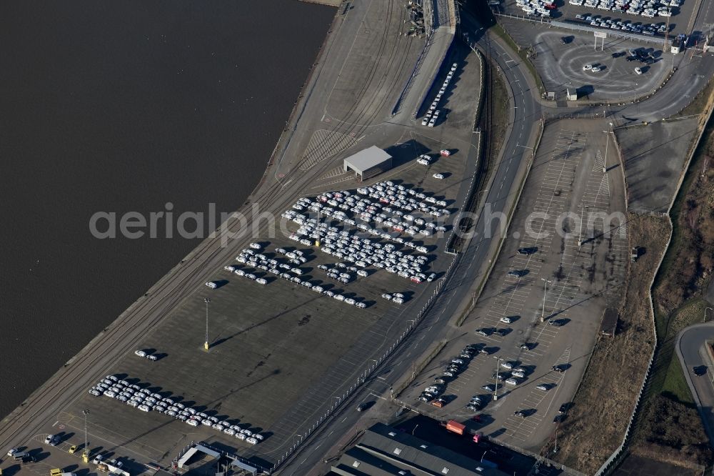 Bremerhaven from the bird's eye view: Site of the company BLG Automotive Logistics GmbH & Co. KG at the international port in Bremerhaven in the state Bremen