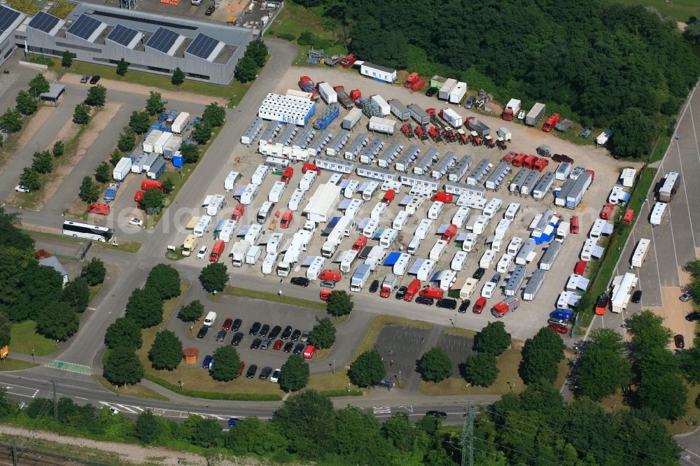 Aerial image Weil am Rhein - Parking a trailer park in Weil am Rhein in the state Baden-Wurttemberg, Germany