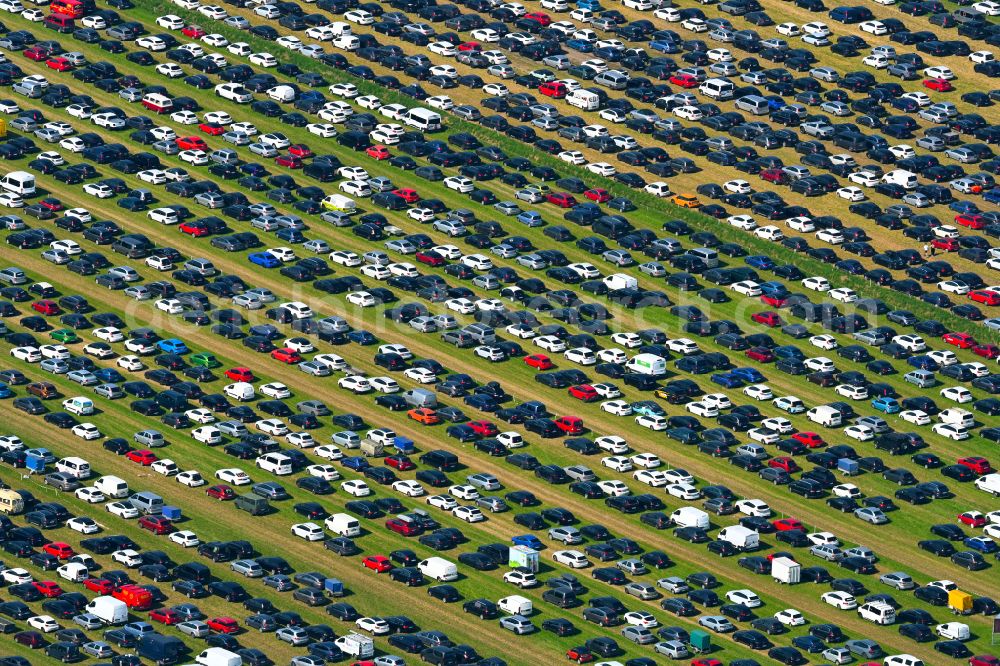 Aerial image Weeze - Field areas for parking the cars of the participants of the PAROOKAVILLE - Electronic Music Festival music festival on the event concert grounds in Weeze in the federal state of North Rhine-Westphalia, Germany