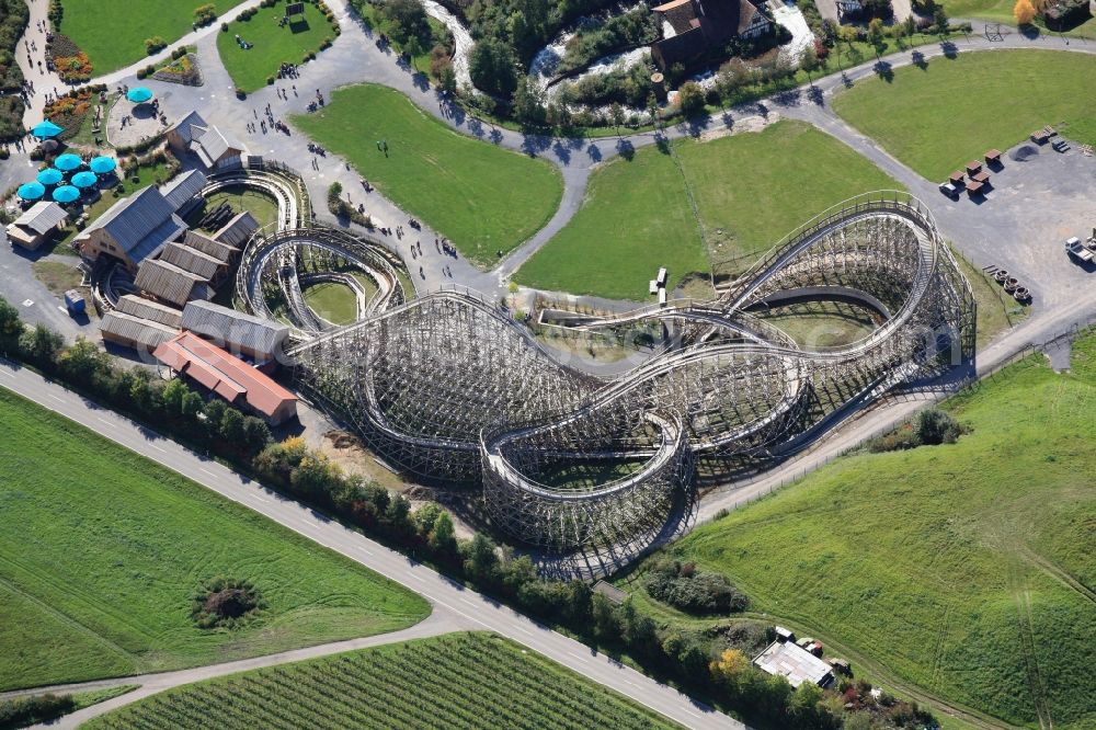 Aerial image Cleebronn - One of the attractions in the amusement and leisure park Tripsdrill in Cleebronn in the state of Baden-Wuerttemberg is the roller coaster