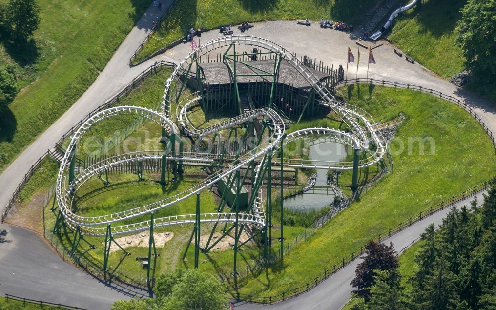 Bestwig from the bird's eye view: Roller coaster on the grounds of the Fort Fun Abenteuerland in Bestwig in the state of North Rhine-Westphalia