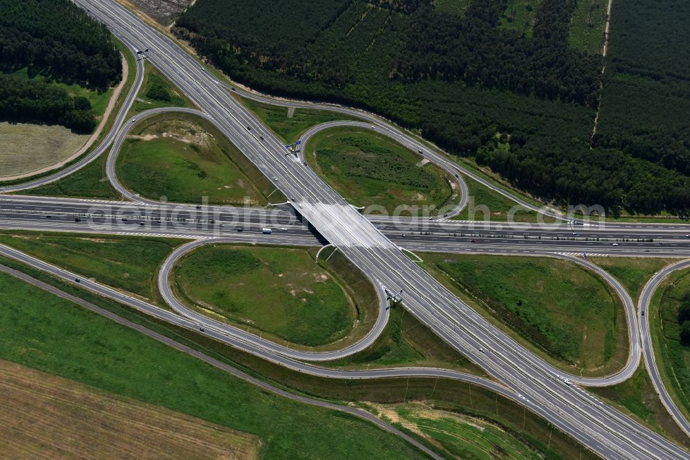 Wöbbelin from above - Site of the highway triangle Schwerin on the motorway BAB A14 and A24 at Woebbelin in Mecklenburg - Western Pomerania