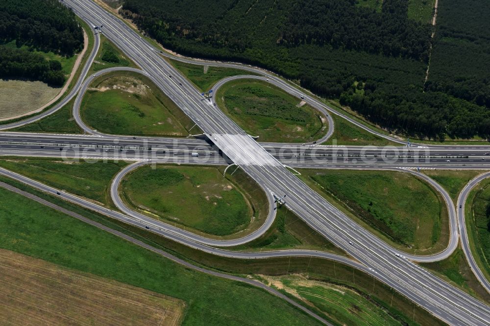 Wöbbelin from the bird's eye view: Site of the highway triangle Schwerin on the motorway BAB A14 and A24 at Woebbelin in Mecklenburg - Western Pomerania