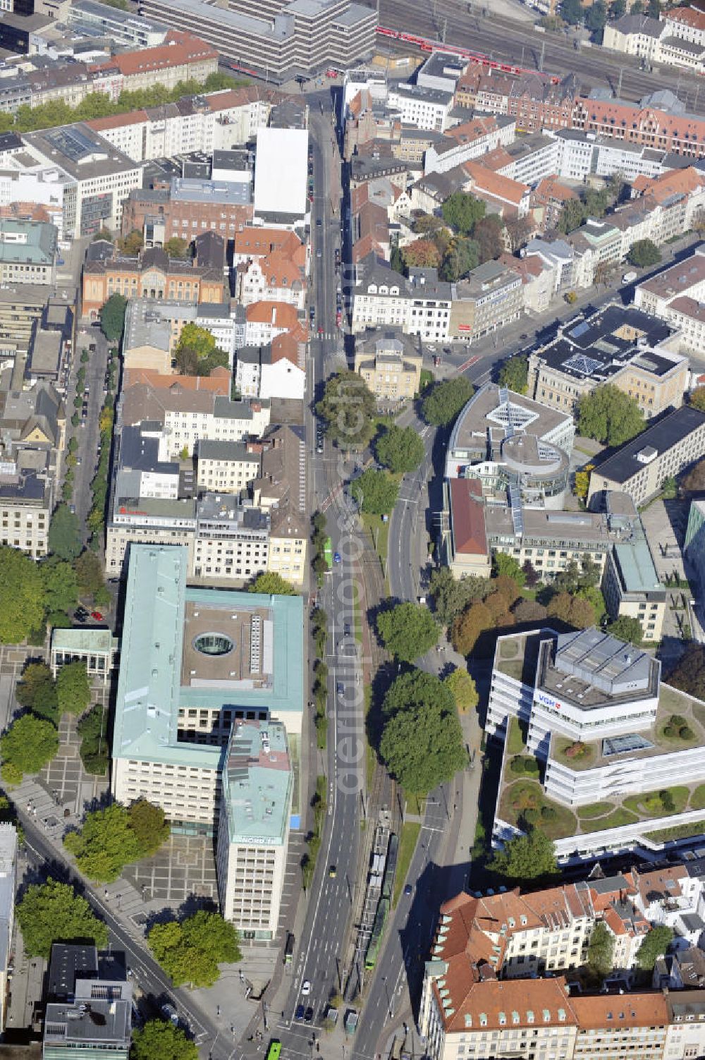 Hannover from above - Blick auf den Aegidientorplatz mit der Norddeutschen Landesbank, der VGH Versicherungsgruppe und dem Sparkassenverband Niedersachsen. View to the Aegidientorplatz with the North German State Bank, the VGH insurance company and the associatian of saving banks Lower Saxony.