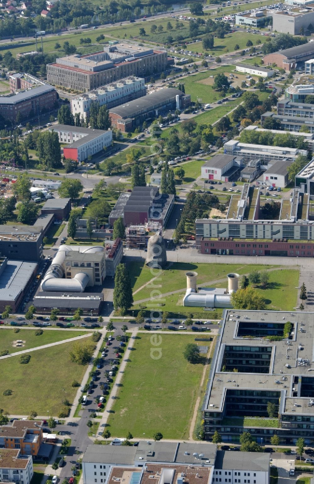 Aerial image Berlin - Industrial monument of the technical plants and production halls of the premises Wind tunnel ond spin tower in the district Adlershof in Berlin, Germany