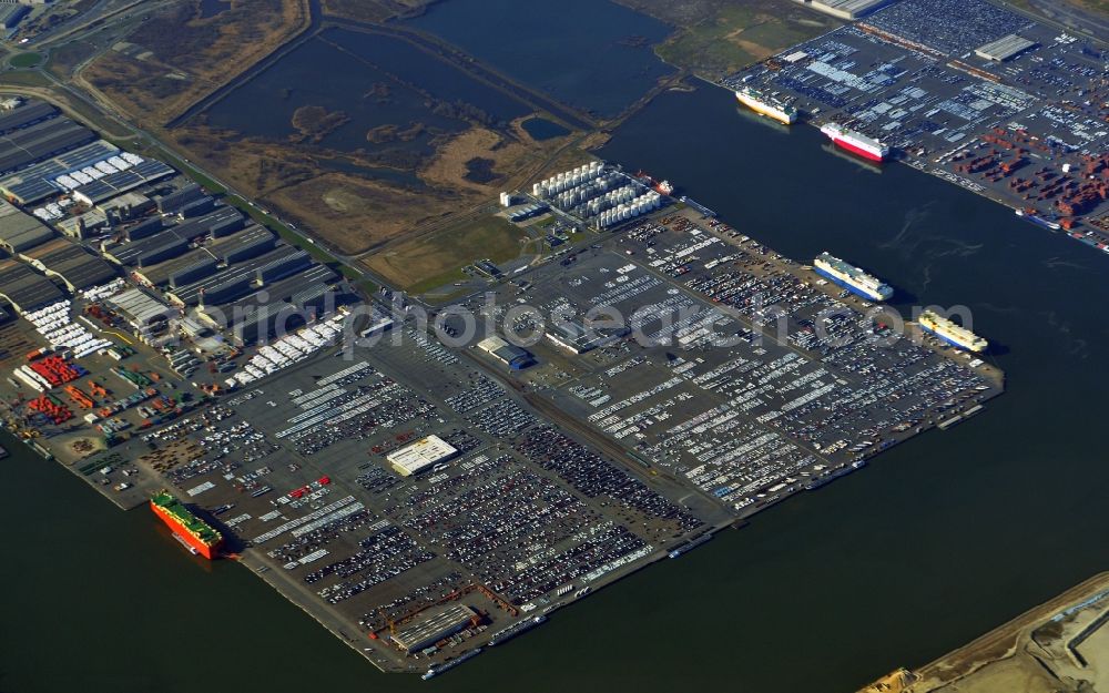 Antwerpen from above - AET - Automotive and vehicle loading and logistics terminal at Waaslandkanaal in the overseas port Kanaaldock in Antwerp, Belgium