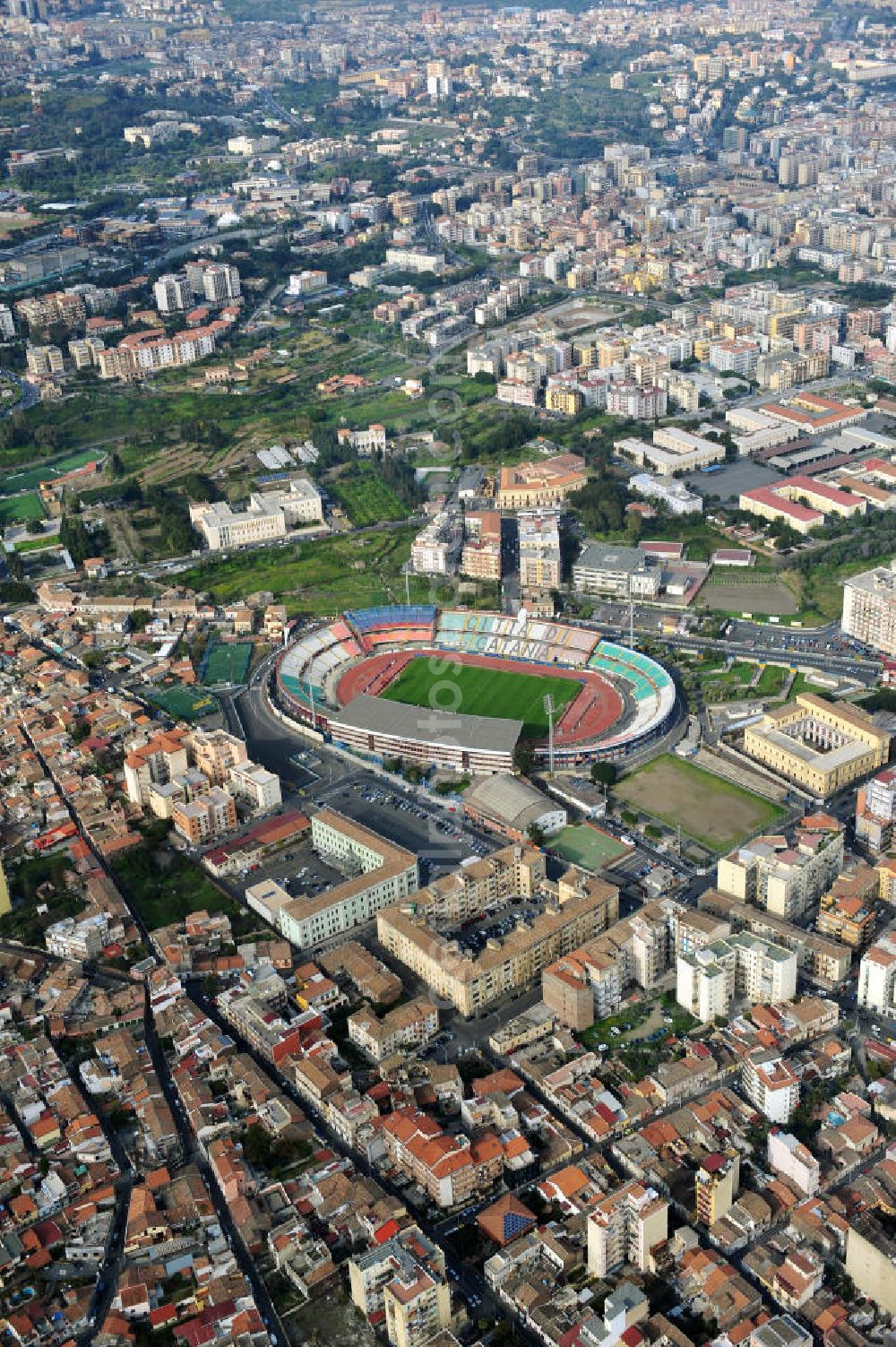 Aerial photograph Catania - Stadio Angelo Massimino ( previously known as Stadio Cibali ) is a multi-use stadium in Catania, Italy. It is currently used mostly for football matches and the home of Calcio Catania. The stadium was built in 1937 and holds 23,420. It was named on 2002 after former Catania chairman Angelo Massimino