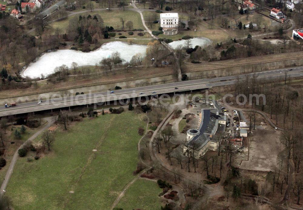 Markkleeberg from the bird's eye view: Blick auf das Areal des Agra Park in Markkleeberg, dem ehemaligen DDR- Landwirtschaftsausstellungsgelände. Das Gelände hat seinen Ursprung im Herfurthschen Landschaftspark, wurde in der DDR verstaatlicht und als landwirtschaftliches Ausstellungs- und Messegelände erweitert. Look at the area of the park in Agra Markkleeberg, the former GDR Agriculture Exhibition Hall. The area has its origin in Herfurthsche landscape park was nationalized in the GDR and expanded as an agricultural exhibition and fair grounds.