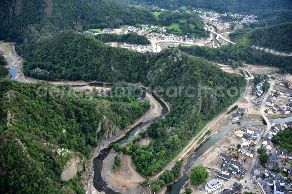 Altenahr from above - Course of the Ahr northeast of Altenahr, Altenburg and Kreuzberg (Ahr) after the flood disaster in the Ahr valley this year in the state Rhineland-Palatinate, Germany