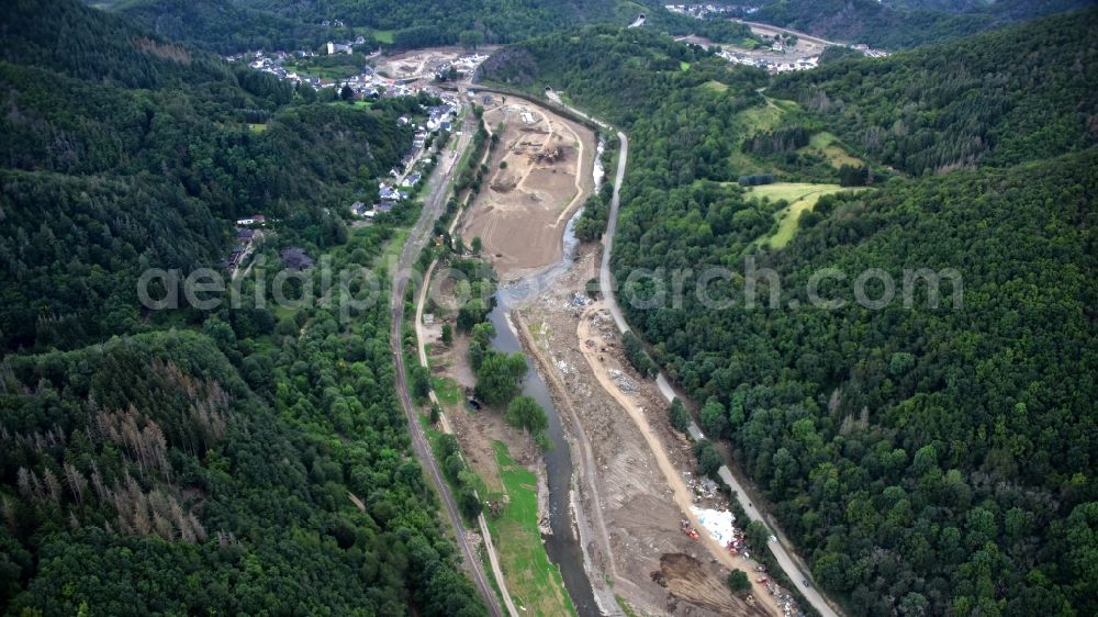 Aerial image Altenahr - Course of the Ahr south of Kreuzberg (Ahr) after the flood disaster in the Ahr valley this year in the state Rhineland-Palatinate, Germany