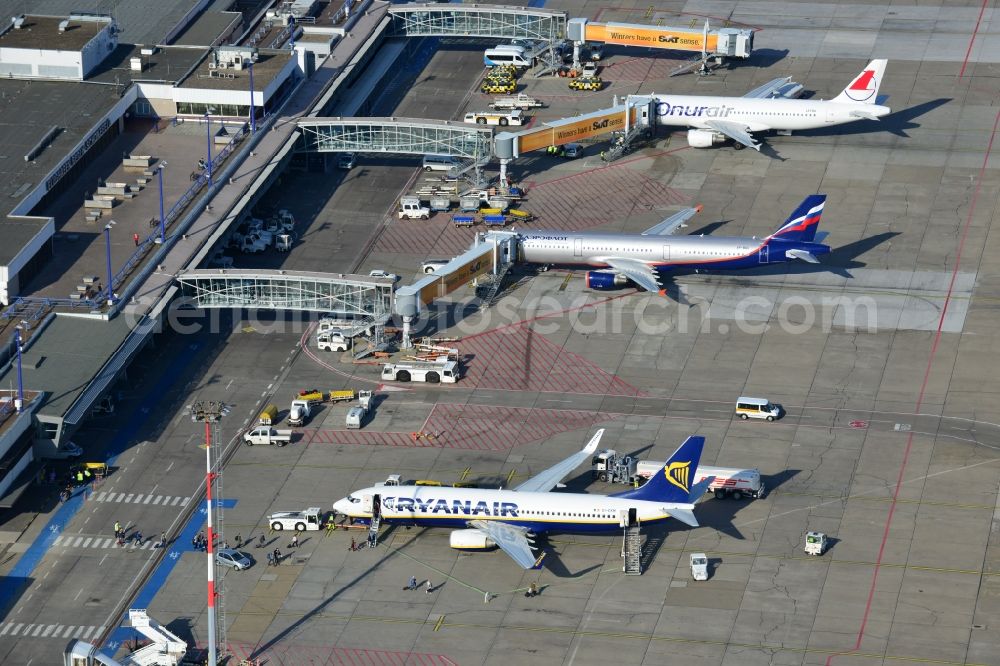 Aerial photograph Schönefeld - Parking Airbus - Aircraft passenger terminal at the Airport Berlin - Schoenefeld