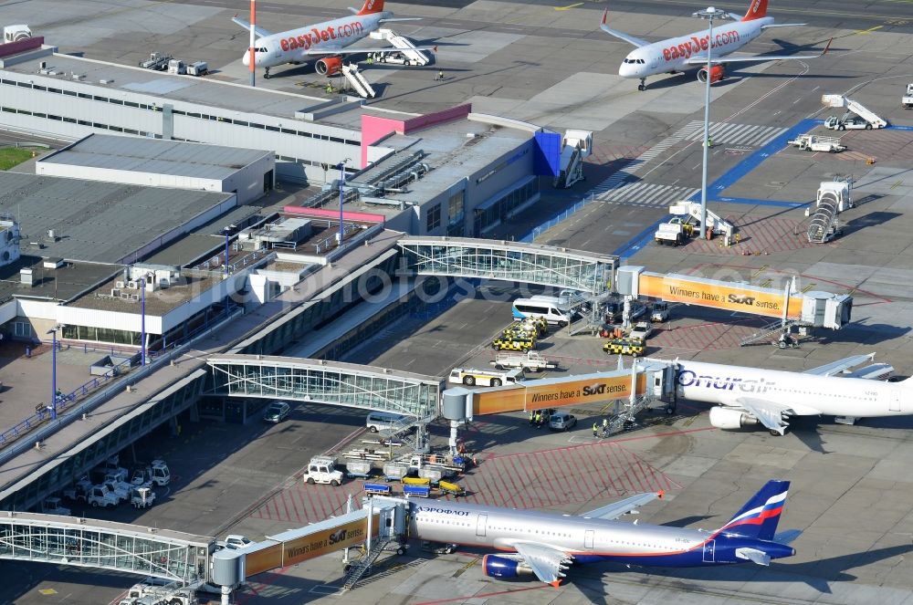 Schönefeld from above - Parking Airbus - Aircraft passenger terminal at the Airport Berlin - Schoenefeld