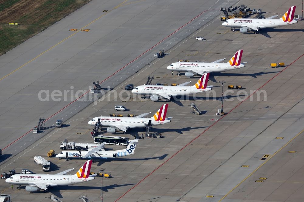 Stuttgart from the bird's eye view: Airbus passenger aircraft of the airline germanwings on the aprom of the airport airport Stuttgart in the state of Baden-Wuerttemberg