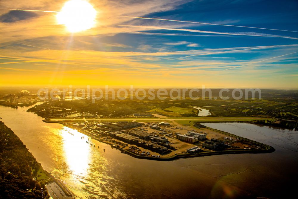 Aerial image Hamburg - Airbus factory premises Finkenwerder in sunset in Hamburg, Germany