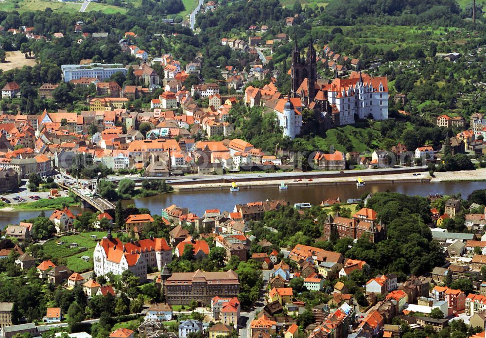 Meißen from above - The late Gothic architectural monument, the castle Albrechtsburg at the Elbe riverside in Meissen, Saxony