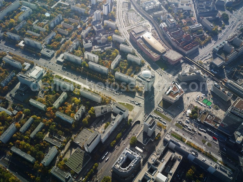 Berlin from the bird's eye view: Alexanderplatz and surrounding environment in the Koenigsstadt part of Mitte in Berlin. View of Alexanderplatz overlooking the construction site of a shopping center with flats at the television tower in Berlin