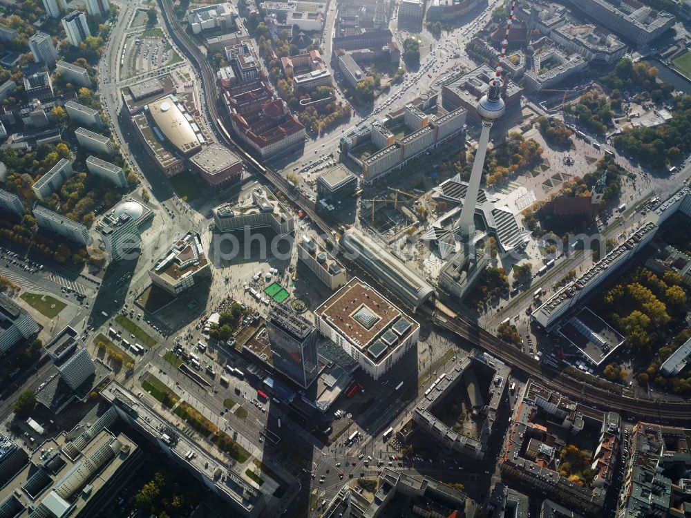 Aerial image Berlin - Alexanderplatz and surrounding environment in the Koenigsstadt part of Mitte in Berlin. View of Alexanderplatz overlooking the construction site of a shopping center with flats at the television tower in Berlin