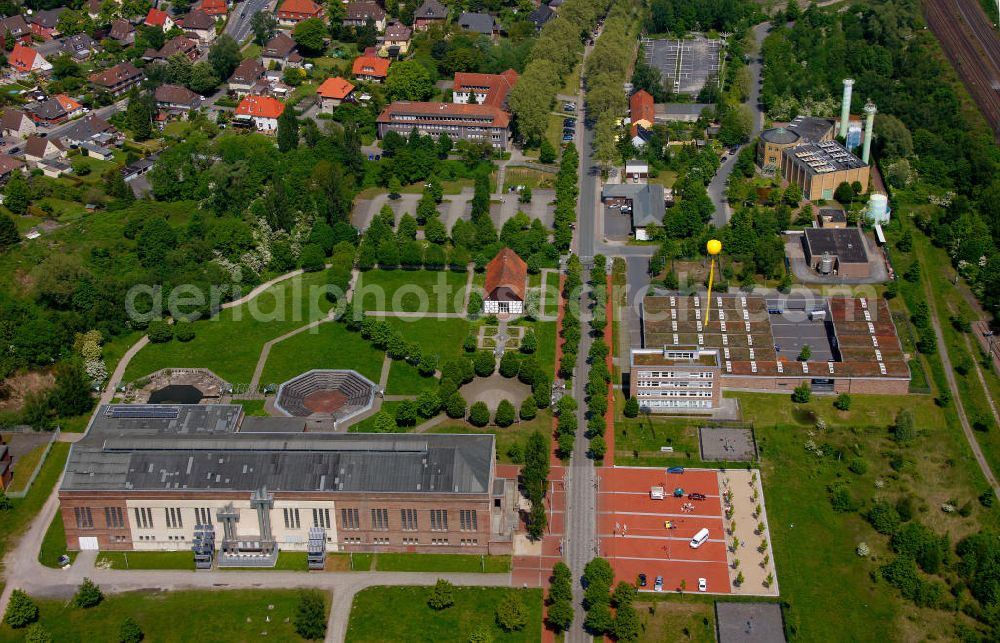 Aerial image Hamm - Die Alfred Fischer Halle, eine Veranstaltungshalle des Ökozentrums NRW am Sachsenweg in Hamm in Nordrhein-Westfalen. Die ehemalige Industriehalle der Zeche Sachsen. The Alfred Ficher Halle, an event location of the Ökozentrum NRW at the street Sachsenweg in Hamm in North Rhine-Westphalia. A former hall of industry of the coal mine Sachsen.