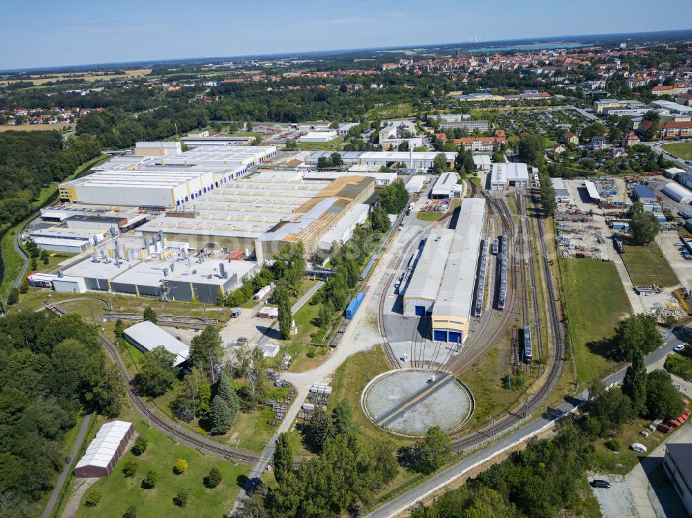 Bautzen from the bird's eye view: Alstom Transportation Germany GmbH in Bautzen. Bautzen, a traditional location for the construction of modern rail vehicles, is now expanding its international portfolio with the opening of the new production line and will initially manufacture regional trains for Romania