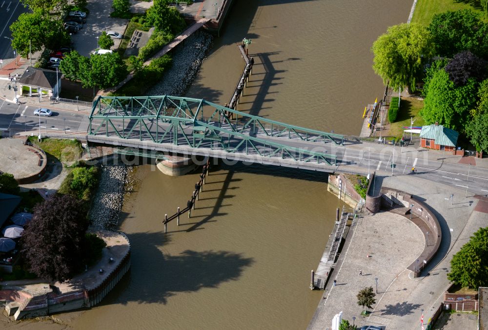 Bremerhaven from above - Historic Old Bridge Geestebruecke across on street Faehrstrasse in the district Geestemuende-Nord in Bremerhaven in the state Bremen, Germany