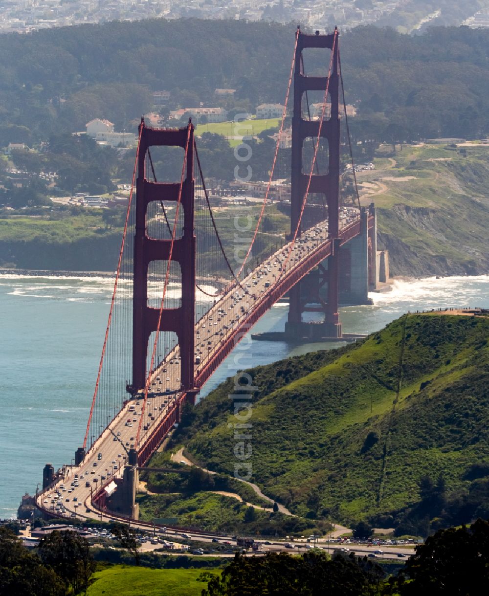 San Francisco from the bird's eye view: Historic Old Bridge Golden Gate Bridge in San Francisco in California, United States of America