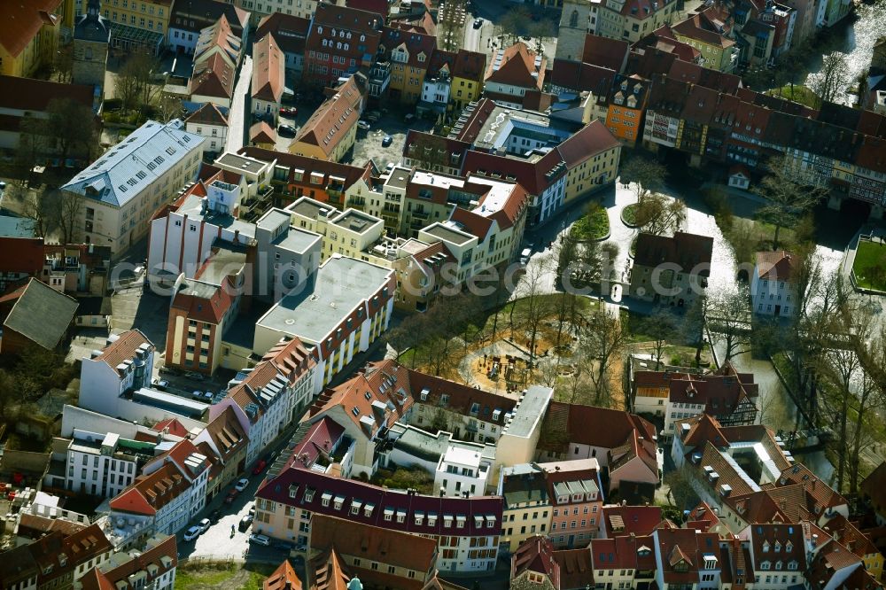 Erfurt from above - Historic Old Bridge Kraemerbruecke Erfurt across Gera in the district Altstadt in Erfurt in the state Thuringia, Germany