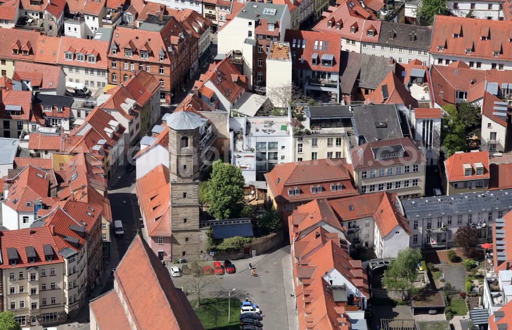 Erfurt from above - Historic Old Bridge Kraemerbruecke Erfurt across Gera in the district Altstadt in Erfurt in the state Thuringia, Germany