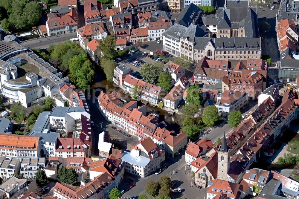 Erfurt from above - Historic Old Bridge Kraemerbruecke Erfurt across Gera in the district Altstadt in Erfurt in the state Thuringia, Germany