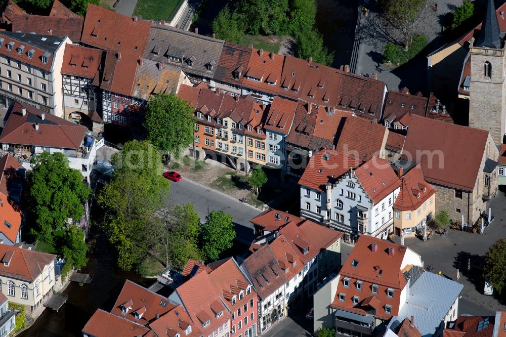 Erfurt from above - Historic Old Bridge Kraemerbruecke Erfurt across Gera in the district Altstadt in Erfurt in the state Thuringia, Germany