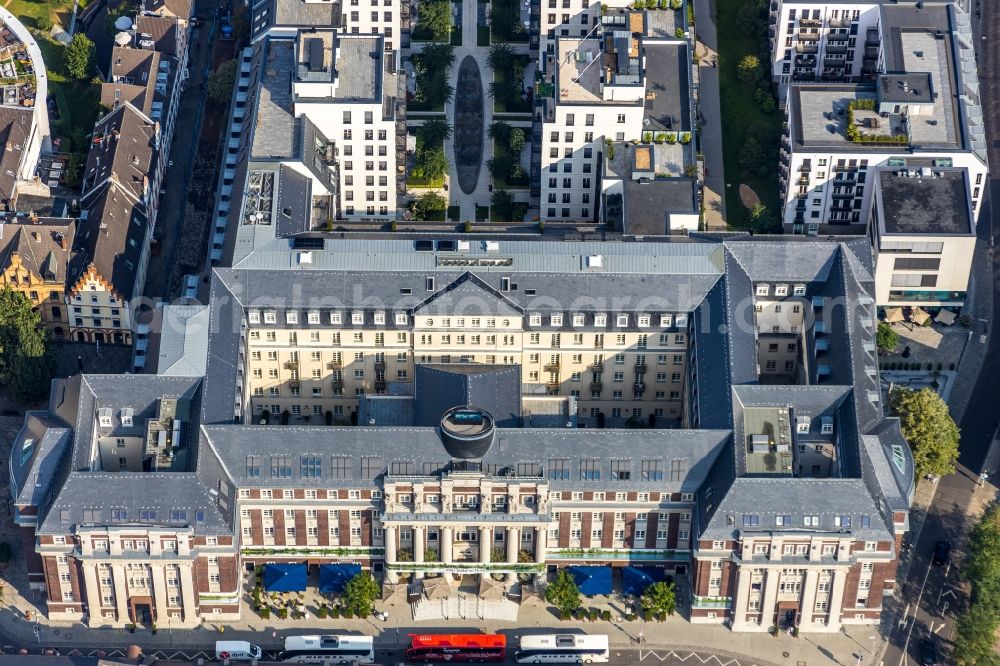 Düsseldorf from above - Construction for the reconstruction and expansion of the old buildings listed building the formerly curt on Muehlenstrasse in Duesseldorf in the state North Rhine-Westphalia