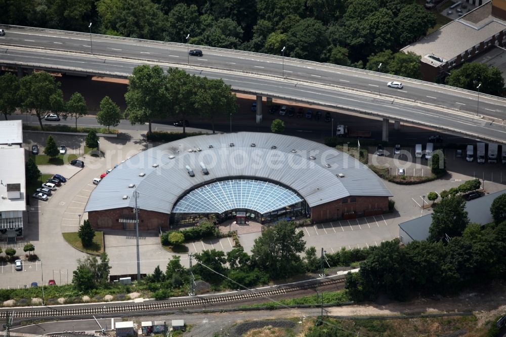 Aerial image Mainz - View the old locomotive hall in Mainz in Rhineland-Palatinate. Built in 1903, the old locomotive hall was originally used for the maintenance of locomotives