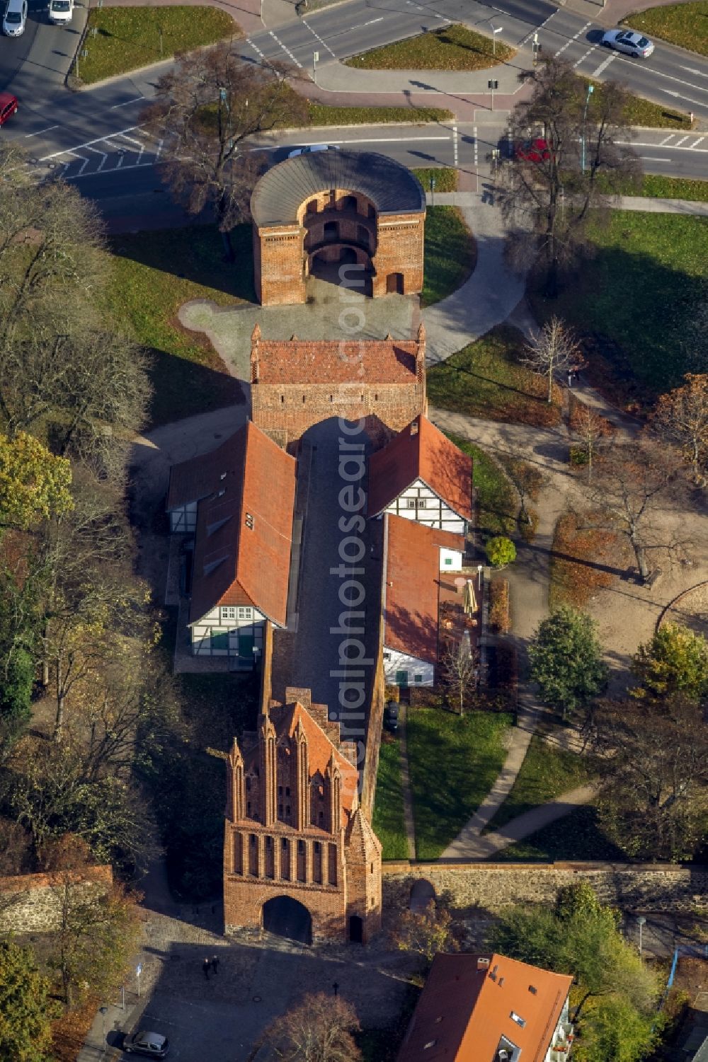 Neubrandenburg from above - Old city gates in the city wall in the center of the city of the four gates Neubrandenburg in Mecklenburg - Western Pomerania