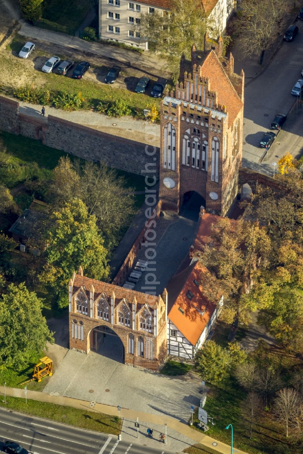 Neubrandenburg from above - Old city gates in the city wall in the center of the city of the four gates Neubrandenburg in Mecklenburg - Western Pomerania