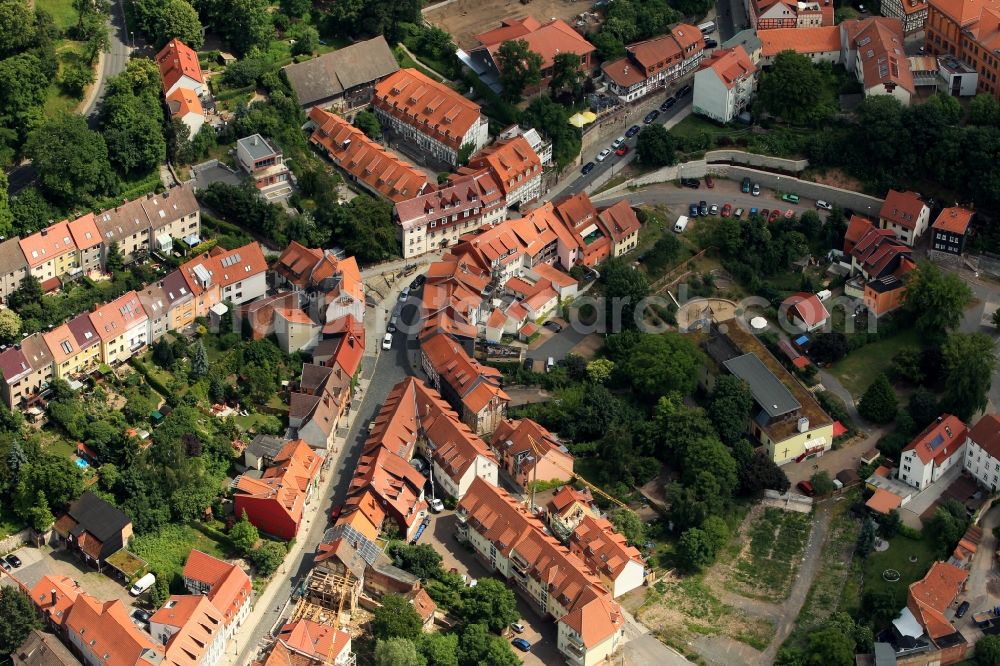 Aerial image Nordhausen - In the stretch of road Altendorf of Nordhausen in Thuringia historic houses have been preserved. At this point the city several half-timbered houses still exist as an ensemble of buildings and give an impression of the historic city before the disasterous destruction in WW2