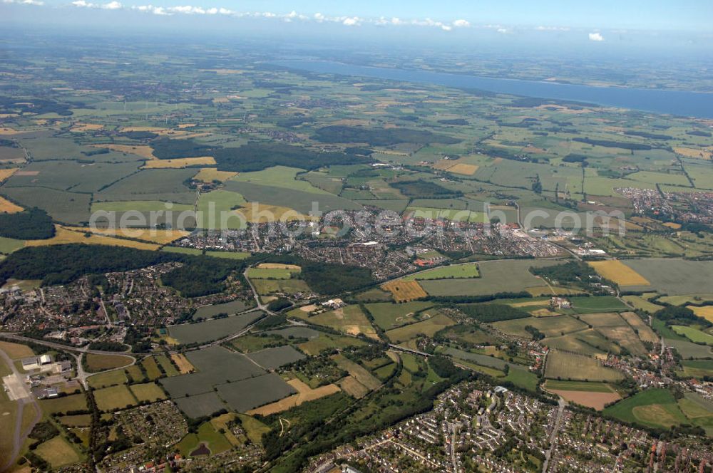 Aerial image 23.06.2009 - Blick über Altenholz auf der Halbinsel Dänischer Wohld in Richtung Eckernförder Bucht, Schleswig-Holstein SH. View over Altenholz on the peninsula Dänischer Wohld towards the Eckernförder bay.