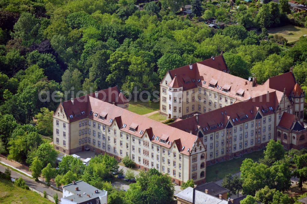 Aerial image Halle an der Saale - Nursing home for the elderly in the Riebeckpark in Halle at the Saale river in the state Saxony-Anhalt