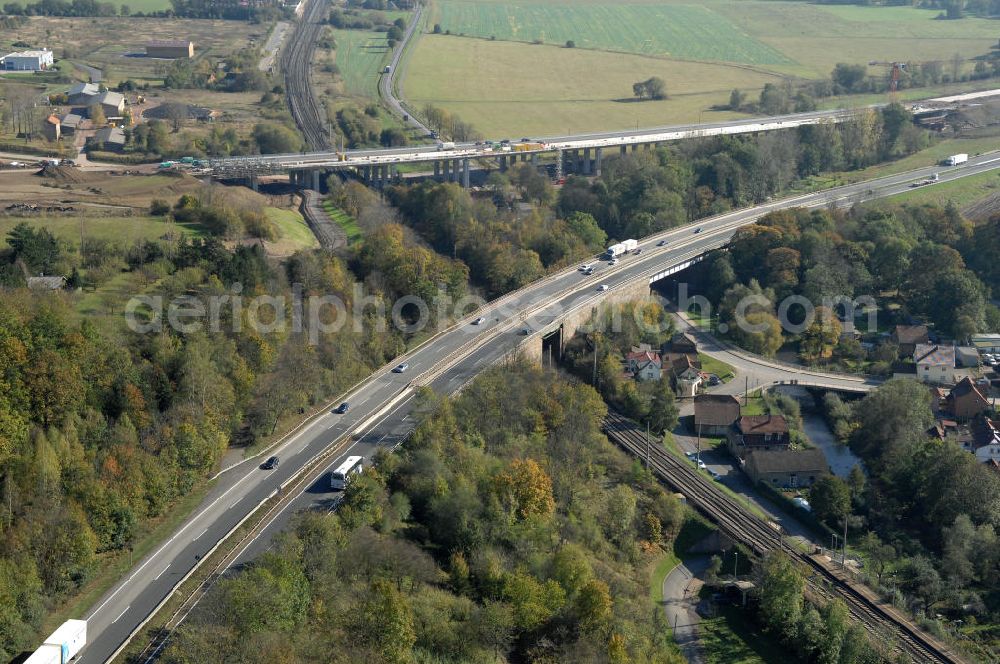 Aerial image Eisenach - Blick auf den bisherigen Verlauf der Autobahn / A 4 bei Eisenach über die Hörselberge. Dieser Trassen-Abschnitt soll nach der Inbetriebnahme der neu gebauten A4-Umfahrung ab Januar nächsten Jahres zurück gebaut und teilweise renaturiert werden. Durchgeführt werden die im Zuge dieses Projektes notwendigen Arbeiten unter an derem von den Mitarbeitern der Niederlassung Weimar der EUROVIA Verkehrsbau Union sowie der Niederlassungen Abbruch und Erdbau, Betonstraßenbau, Ingenieurbau und TECO Schallschutz der EUROVIA Beton sowie der DEGES.