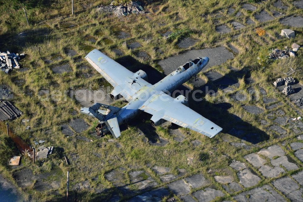 Aerial image Peenemünde - View of an old plane wreck on the area of the Peenemuende Airfield in the state Mecklenburg-Vorpommern