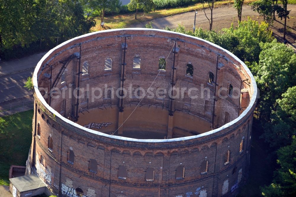 Halle (Saale) from above - View of the old gas storage at Holzplatz in Halle. The plan is the renovation and reuse for cultural events