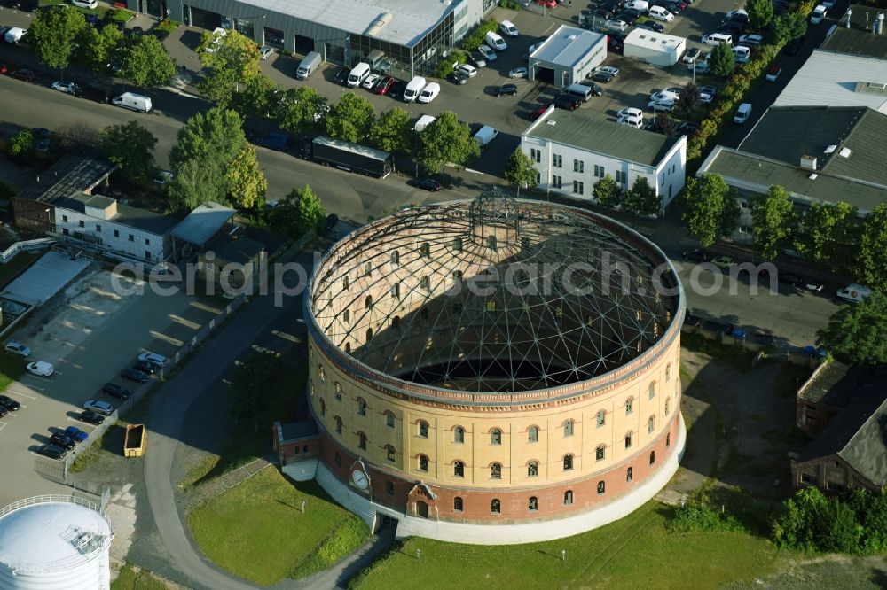 Leipzig from above - Old gas storage Stadtwerke Leipzig at the Roscherstrasse corner Eutritzscher street in Leipzig in Saxony