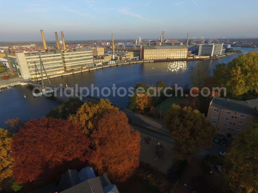 Berlin from above - Old industrial area of the transformer factory Oberschoeneweide (TRO) in Berlin, architectural monument