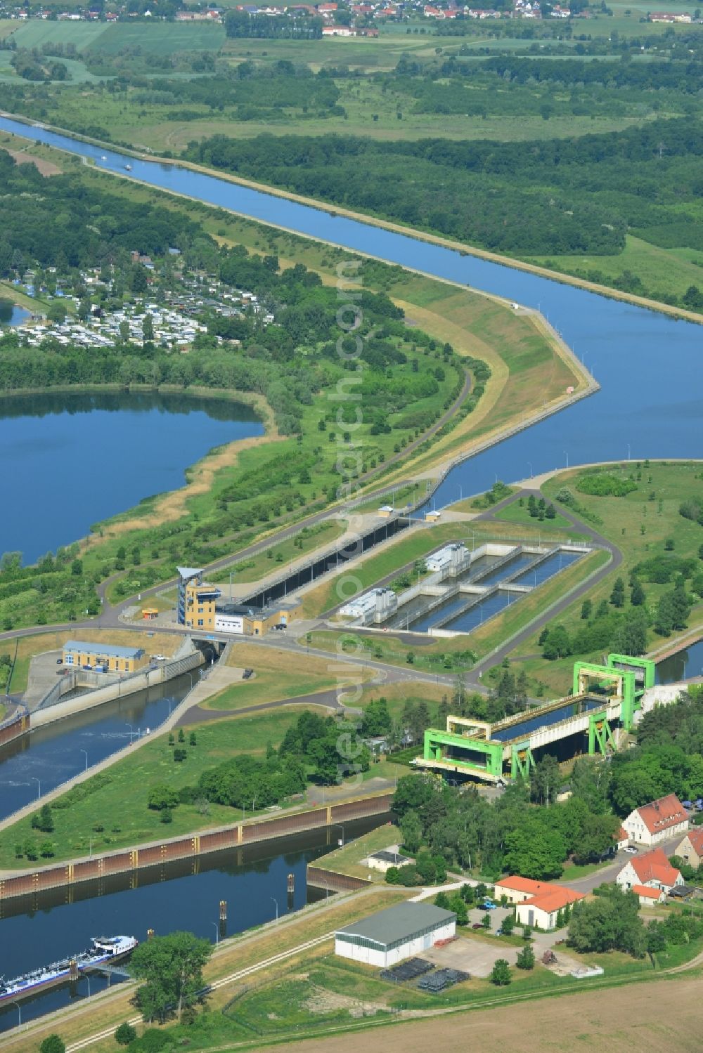 Magdeburg from above - Old disused Boat lift and locks plants on the banks of the waterway of the Abstiegskanal Rothensee in Magdeburg in the state Saxony-Anhalt